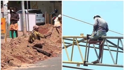 വെയിലാണ് പക്ഷെ ജോലി ചെയ്യരുതെന്ന് പറഞ്ഞിട്ടില്ല: നട്ടുച്ചയ്ക്കും പണിയെടുത്ത് ഇതരസംസ്ഥാന തൊഴിലാളികൾ