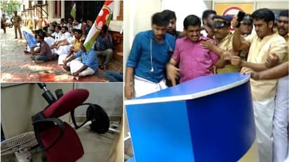 നെയ്യാറ്റിൻകര ആത്മഹത്യ: യൂത്ത് കോൺഗ്രസ് പ്രവർത്തകർ കാനറാ ബാങ്ക് അടിച്ചുതകർത്തു