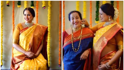 മഞ്ഞ കാഞ്ചീപുരം പട്ടുസാരിയില് തിളങ്ങി സമീറയുടെ ബേബി ഷവര്; ചിത്രങ്ങള്