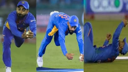 லாஸ்ட் மினிட்டில் செமயா ஜம்ப் பண்ணி கோலி பிடித்த அசத்தலான கேட்ச்.. வீடியோ