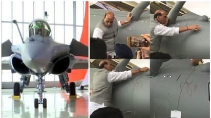 ആകാശത്തെ ഇന്ത്യയുടെ പുതിയ കരുത്ത്; ആദ്യ റഫാല് വിമാനത്തില് 'ഓം' എന്നെഴുതി പ്രതിരോധമന്ത്രിയുടെ പൂജ