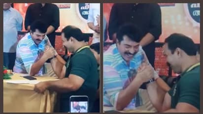 ലോക ചാമ്പ്യനുമായി പഞ്ചഗുസ്തി പിടിച്ച് മമ്മൂട്ടി; ജയിച്ചത് ആര്- വീഡിയോ