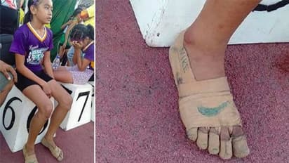 കാലിൽ ഷൂ ഇല്ല; 'ബാൻഡേജ് ഷൂ' ആക്കി മാറ്റിയ പതിനൊന്നുകാരി കുതിച്ചത് സ്വർണ തിളക്കത്തിലേക്ക്