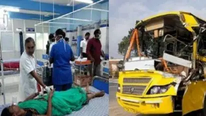 கல்லூரி பேருந்து-லாரி நேருக்கு நேர் பயங்கர மோதல்..! படுகாயங்களுடன் உயிர்தப்பிய மாணவிகள்..!