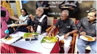 இவருக்கு மட்டும் வாழையில இட்லி... மற்றவர்களுக்கு வெறும் தட்டு... பல்லிளிக்கும் வீரமணியின் சமத்துவம்..!