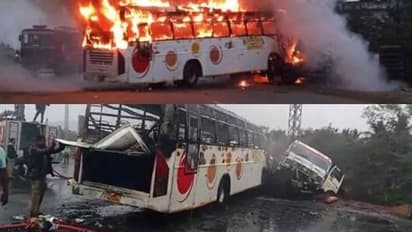 லாரி மீது பேருந்து பயங்கர மோதல்... தீ விபத்தில் 50 பக்தர்கள் அதிர்ஷ்டவசமாக உயிர் தப்பிய அதிசயம்..!