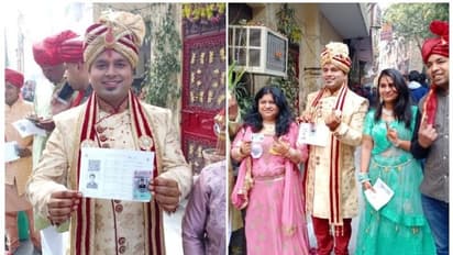 ദില്ലി തെരഞ്ഞെടുപ്പ്; വോട്ട് രേഖപ്പെടുത്താൻ വിവാഹ വേഷത്തിൽ മണവാളനും ബന്ധുക്കളും