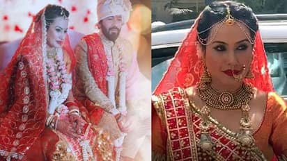 लाल लहंगा, मांग टीका, हैवी नेकलेस पहने खूबसूरत नजर आई दुल्हन बनीं काम्या पंजाबी की First Photo