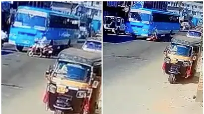 പാഞ്ഞെത്തി ബസ്, അശ്രദ്ധമായി സ്കൂട്ടര് ; ഇടിച്ചിട്ടും ജീവന് നഷ്ടമായില്ല