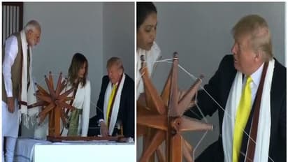 സബർമതിയിൽ ചർക്കയിൽ നൂല് നൂറ്റ്, ഗാന്ധിജിക്ക് ഖദർമാല അർപ്പിച്ച് ട്രംപ്