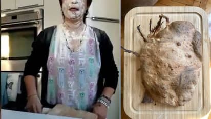 ഒന്ന് ബ്രഡ് ഉണ്ടാക്കാന് നോക്കിയതാ, പണി പാളി; പൊടിയില് കുളിച്ച് പാചകക്കാരി