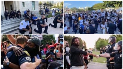 മുന്നിൽ മുട്ടുകുത്തി മാപ്പപേക്ഷിച്ച് പൊലീസ്; കെട്ടിപ്പിടിച്ച് കരഞ്ഞ് പ്രതിഷേധക്കാർ; വ്യത്യസ്തമായ പ്രതിഷേധം