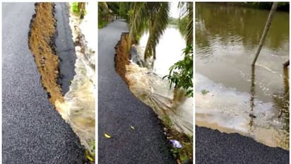ടാറിംഗ് നടക്കുന്നതിനിടെ റോഡ് ഇടിഞ്ഞ് ആറ്റിൽ വീണു; സംഭവം ആലപ്പുഴയിൽ- വീഡിയോ