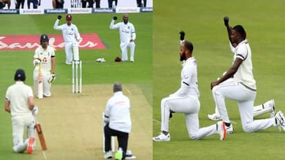 மைதானத்தில் மண்டியிட்ட இங்கிலாந்து - வெஸ்ட் இண்டீஸ் வீரர்கள்..! இதுதான் காரணம்.. வீடியோ