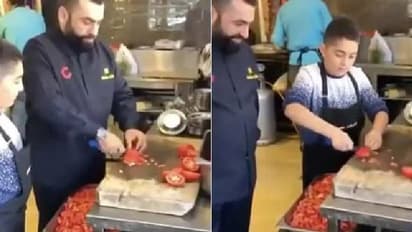 അതിവേഗത്തില്‍ പച്ചക്കറി മുറിക്കുന്ന മകനെ അഭിമാനത്തോടെ നോക്കുന്ന അച്ഛന്‍; വൈറലായി വീഡിയോ