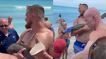 കുഞ്ഞന് സ്രാവ് കയ്യില് കടിച്ചിട്ടും കുലുക്കമില്ല, പൊട്ടിച്ചിരിച്ച് യുവാവ്; വീഡിയോ വൈറല്