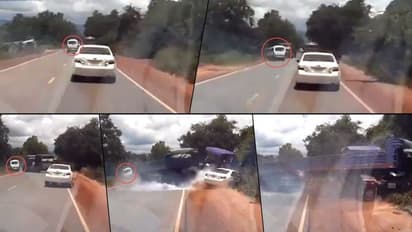 വെട്ടിച്ച കൂറ്റന്‍ ലോറി നടുറോഡില്‍ വട്ടം കറങ്ങിയപ്പോള്‍ കാറിന് സംഭവിച്ചത്!