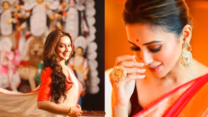 পুজোর 'ব্লুজ'এ মন হারাল মিমির, লাল-সাদা শাড়িতে আঁচল ছড়িয়ে বঙ্গতনয়া