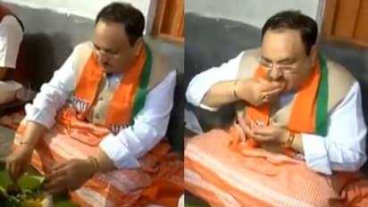 মাটিতে বসে কলা পাতায় পাত পেড়ে খেলেন নাড্ডা, খুশি কৃষক মথুরা মণ্ডলের পরিবার