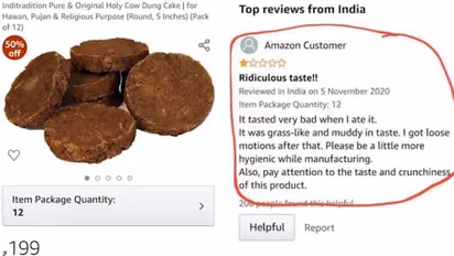 Customer bought 'Cow dung cake' from Amazon; ate and posted a review, calls it's muddy, grass-like