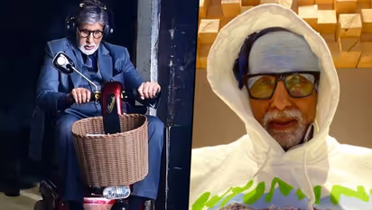 Amitabh Bachchan rides toy bikes on sets, wears headphones; Check pictures