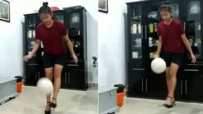ഹൈഹീല്സ് ധരിച്ച് പന്ത് തട്ടുന്ന മിടുക്കി; വീഡിയോ വൈറല്