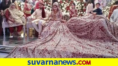 100 ಕೆಜಿ ಲೆಹಂಗಾ ಧರಿಸಿದ ವಧು..! ಸ್ಟೇಜ್ ತುಂಬಾ ಹರಡಿತ್ತು ದುಬಾರಿ ಬಟ್ಟೆ