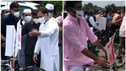 పెట్రోల్ ధరల పెంపును నిరసిస్తూ సైకిల్పై: రాహుల్ సహా పార్లమెంట్కి బైసైకిల్పై విపక్షాలు