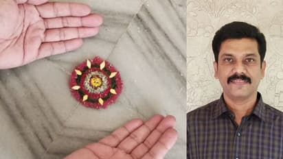 'കൊവിഡോണം ഇങ്ങനെയുമാവാം' പത്തുതരം പുക്കളുമായി രണ്ടര ഇഞ്ചില് കുഞ്ഞന് പൂക്കളം തീർത്ത് ബൈജു