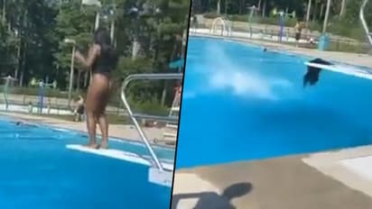 Funny Video Alert: Woman’s wig slips as she somersaults into the swimming pool