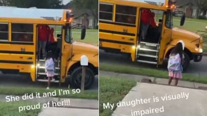 കാഴ്ചവൈകല്യമുള്ള മകൾ ആദ്യമായി ഒറ്റയ്ക്ക് സ്കൂൾ ബസിലേയ്ക്ക്; വീഡിയോ പങ്കുവച്ച് അമ്മ