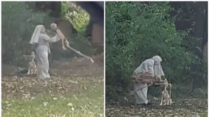 കന്യാസ്ത്രീയുടെ വേഷത്തില്‍ സെമിത്തേരിയിലെത്തി, അസ്ഥികൂടത്തിനൊപ്പം നൃത്തം ചെയ്ത് ഒരു സ്ത്രീ; വെെറലായി ചിത്രം