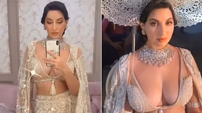 Nora Fatehi gets mixed reactions for showing too much in a thigh-slit lehenga, neck-deep blouse (Video)