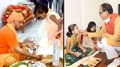 CM योगी और मुख्यमंत्री शिवराज ने कराया कन्या भोजन, तस्वीरों में देखिए किस तरह पैर धुलाकार खुद परोसा भोजन