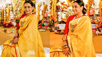 मांग में सिंदूर, माथे पर बिंदी और पीली साड़ी में दिखीं रानी मुखर्जी, नवमी पर मां के दर्शन करने पहुंचे ये Celeb