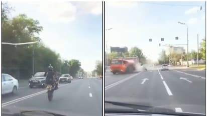 బైక్ స్టంట్‌.. ముందు టైర్ గాలిలో.. దూసుకెళ్లి ట్యాంకర్‌ను ఢీకొట్టిన బైకర్.. వీడియో వైరల్