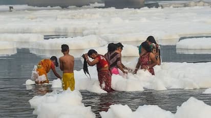 chhath puja 2021: चौंक गए आप..बर्फ नहीं ये है दिल्ली यमुना नदी की तस्वीर, जहरीले झाग में लग रही आस्था की डुबकी