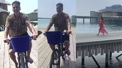 बढ़ी दाढ़ी, नंगे पैर पानी के बीच साइकिल चलाते दिखे Akshay Kumar,पत्नी का जन्मदिन मनाने पहुंचे मालदीव