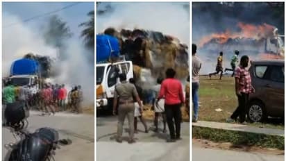 വൈക്കോൽ ലോറിക്ക് തീപിടിച്ചു, ഡ്രൈവർ ഇറങ്ങിയോടി,  നാട്ടുകാരൻ രക്ഷകനായപ്പോൾ വൻ അപകടമൊഴിവായി