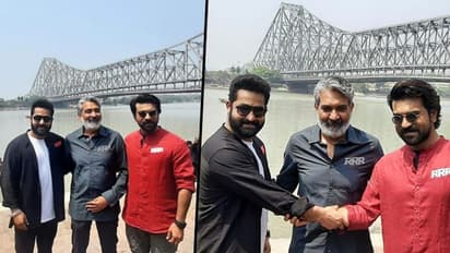 RRR: Ram Charan, Jr NTR, SS Rajamouli in Kolkata; pose in front of Howrah Bridge