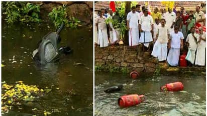 ബൈക്കും സിലിണ്ടറും തോട്ടിലെറിഞ്ഞു, ഇന്ധന-പാചക വാതക വിലവർധനയിൽ കേരളാ കോൺഗ്രസ് പ്രതിഷേധം
