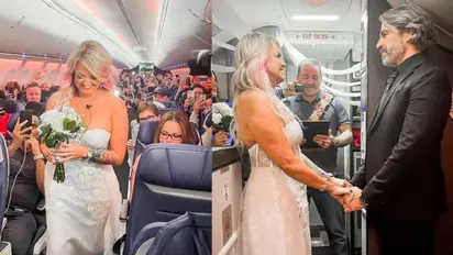 நடுவானில் விசித்திரம்.... விமானத்தில் நடைபெற்ற திருமணம்... வைரல் ஆகும் புகைப்படங்கள்..