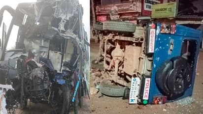 சரக்கு லாரியும்-தனியார் பேருந்தும் நேருக்கு நேர் மோதி விபத்து..! 9 பேர் துடி துடித்து பலி