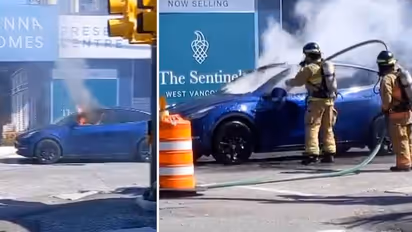 Watch: Tesla’s model Y catches fire, driver escapes smashing the window