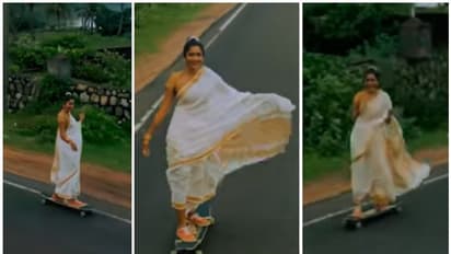 സാരി ഉടുത്ത് സ്കേറ്റ് ബോർഡിൽ തെന്നി നീങ്ങുന്ന സ്ത്രീ; മനോഹരമായ കാഴ്ചയെന്ന് നെറ്റിസണ്സ്