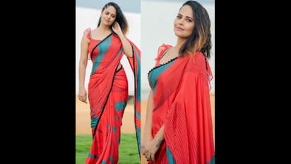 పైట చాటు నుండి తొంగి చూస్తున్న అనసూయ నెలవంక నడుము... స్లీవ్ లెస్ జాకెట్ లో మెస్మరైజింగ్ లుక్స్!