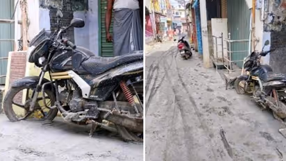 வேலூரில் வேற லெவல் சாலை பணி..!பைக் மீது சாலை போட்ட சூப்பர் ஊழியர்.! காரணத்தைக் கேட்டால் அசந்து போய் விடுவிங்க