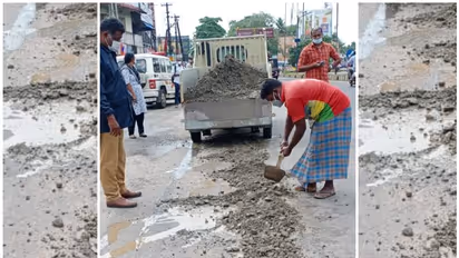 ദേശീയ പാതയില് അപകടക്കെണിയൊരുക്കി കുഴികള്; സ്വന്തം ചെലവിൽ നികത്തി എംവിഡി ഉദ്യോഗസ്ഥര്