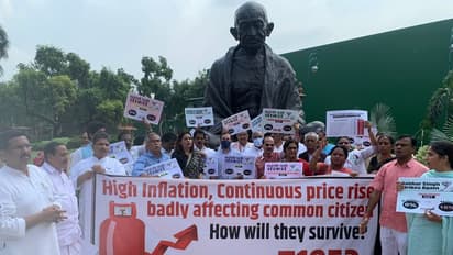 price rise: பணவீக்கம், சமையல் சிலிண்டர் விலை உயர்வுக்கு எதிராக நாடாளுமன்றத்தில் எதிர்க்கட்சிகள் ஆர்ப்பாட்டம்