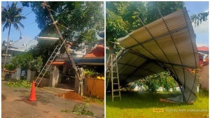 തൃശ്ശൂരിൽ വീണ്ടും മിന്നൽ ചുഴലി; വീടിന്റെ മേൽക്കൂര പറന്ന് പോയി, വൈദ്യുത പോസ്റ്റും ഒടിഞ്ഞു